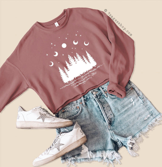 Forest Moon & Stars Cropped Sweatshirt - Outdoorsy Sweatshirt - Camping Sweater - Starry Sweatshirt Crop Top - Fleece Sweatshirt