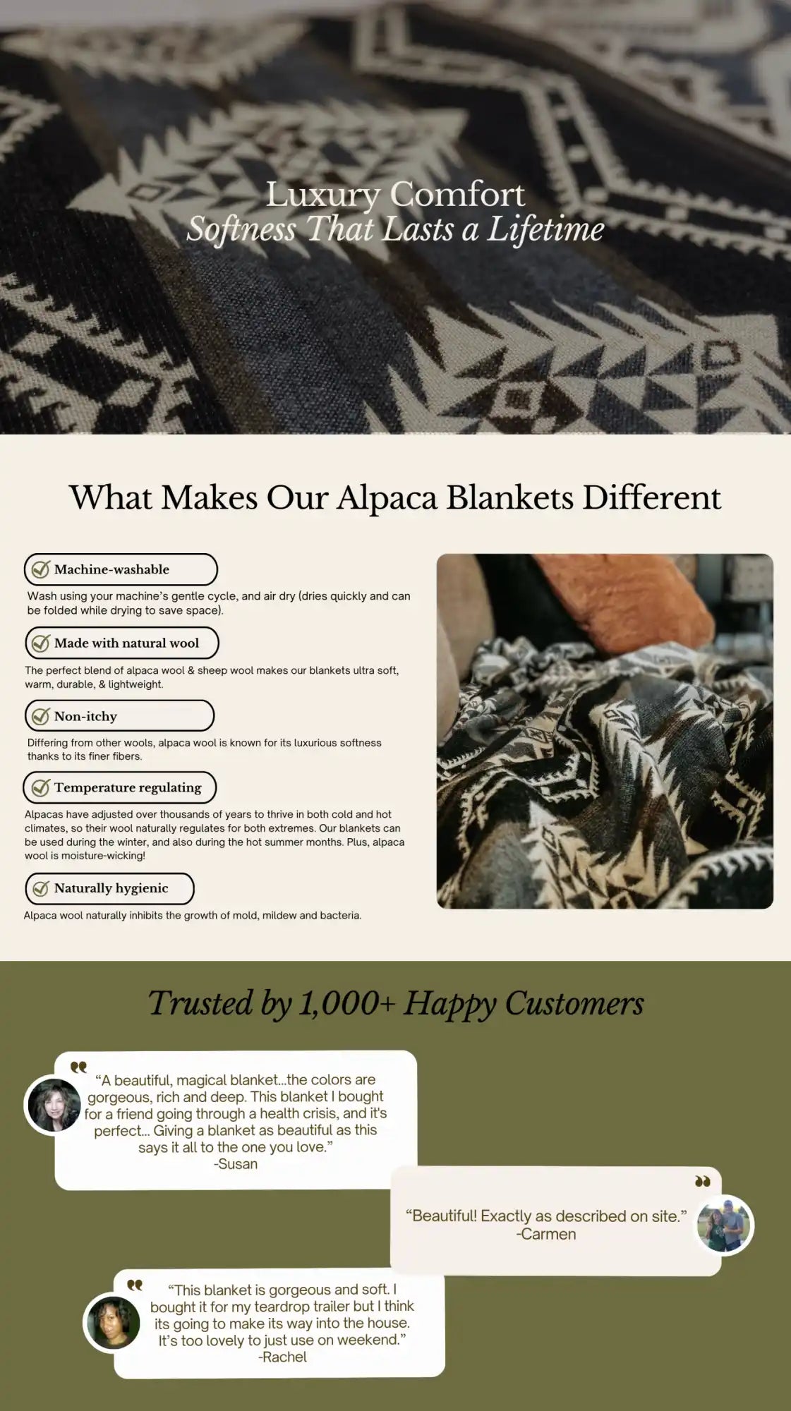 Soft, patterned alpaca blanket.